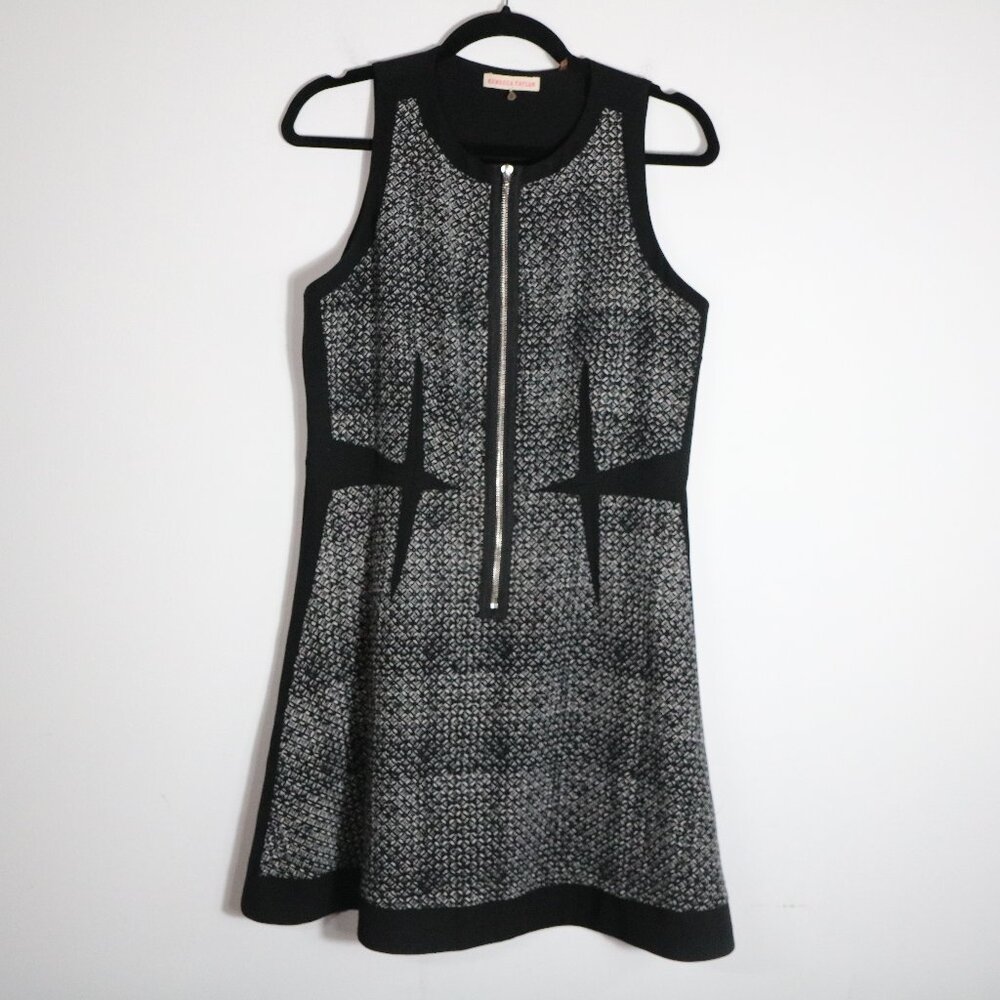 Rebecca Taylor Front Zip Fit Flare‎ Mini Dress 8 Black Retro Mod Structured Edgy